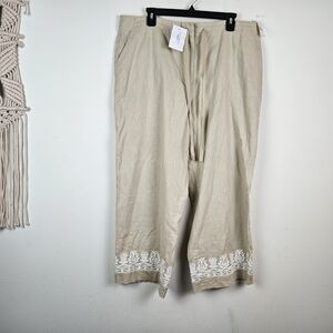 TALBOTS Linen Blend Wide Leg Cropped Pants Beige Embroidered Size 16 NWT